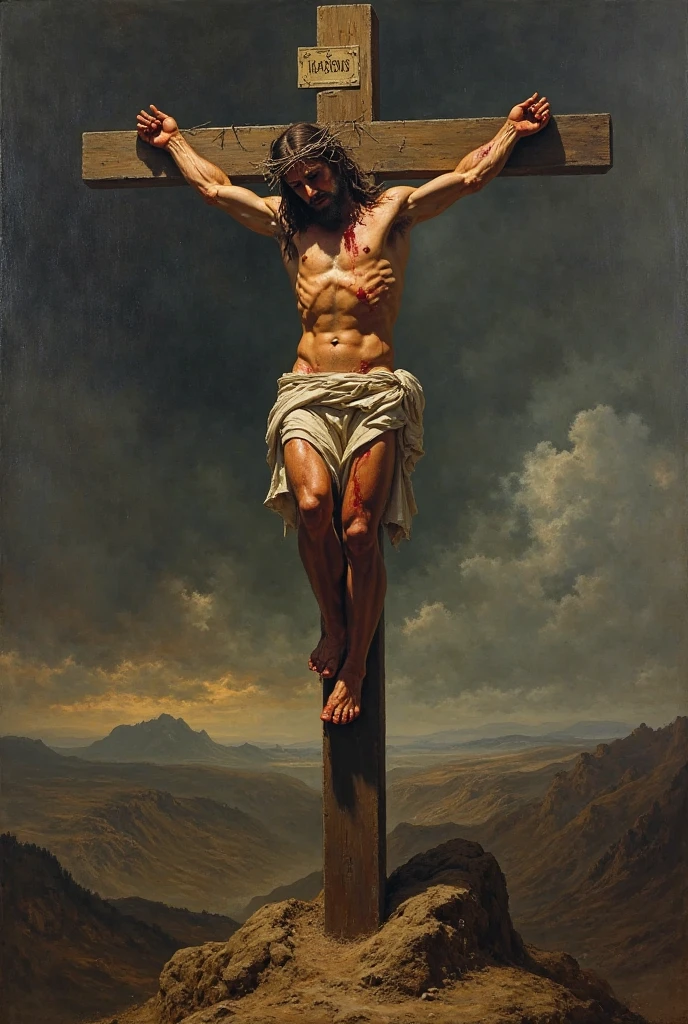 A tattoo-like sketch of Jesus Christ on the cross but with the pose of Leonardo Davin Ci's Vitruvian Man
