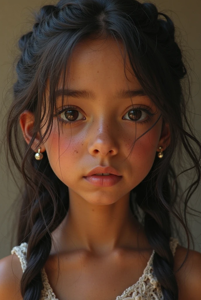 Generate an awe-inspiring hyper-realistic image showcasing a mesmerizing 10-year-old Ecuador girl with authentic features, gracefully positioned in front of a dynamic and vibrant nightscape.