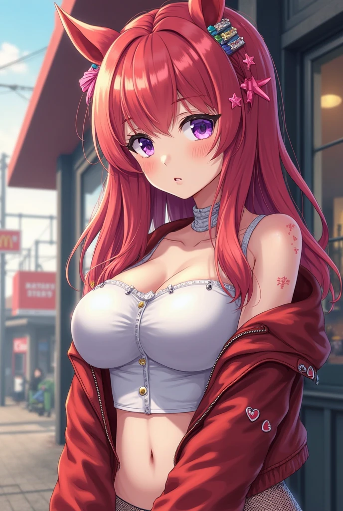 masterpiece, best quality, highly detailed, ultra high res, ayase arisa, 1girl, solo, hair ornament, redhead, glossy lips, looking at viewer, medium breasts, cleavage, city, neon lights, night, crowd, crop top, off the shoulder, tight miniskirt, lightly curled hair, leaning forward, (smirk:0.8)