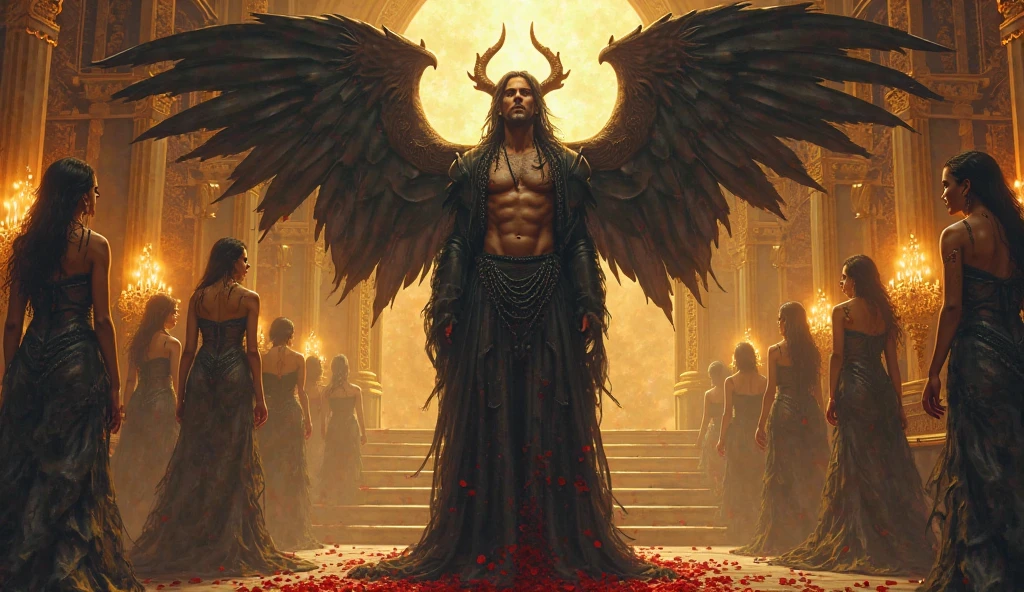 Visualize a dramatic and tormenting scene where Iblis, the fallen angel, is depicted writhing in excruciating pain. Iblis should be shown as a dark and menacing figure with twisted features, surrounded by an aura of despair and anguish. The background should be a desolate, infernal landscape with swirling dark clouds and flickering flames, symbolizing his eternal torment. Use dynamic lighting to emphasize the shadows and highlights, enhancing the atmosphere of agony and suffering. Epic details, hyper detail, 8k, ultra sharp, UHD.