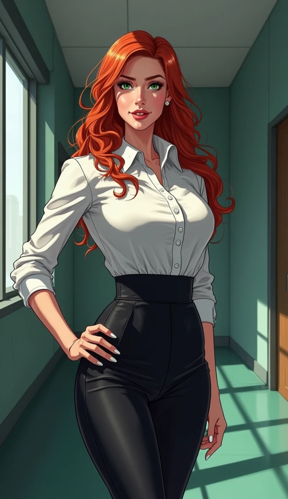 a gorgeous woman wearing a white silk shirt with a deep v neck, brown leather pants, and a belt, cinched waist, dramatic lighting, photorealistic, high fashion editorial, crimson hair, vampire