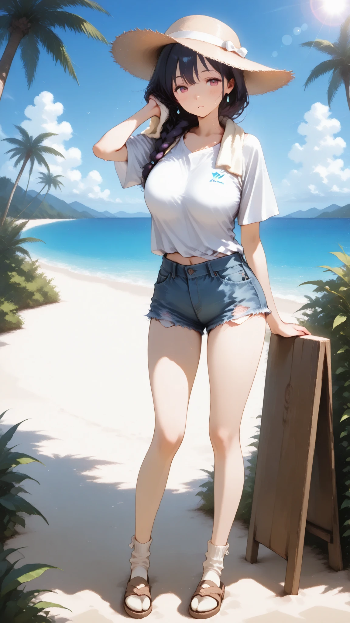 [(((nakano nino, nino nakano, 5-toubun no hanayome))), short hair, bangs, blue eyes, hair ornament, hair ribbon, pink hair, blunt bangs, two side up, butterfly hair ornament, large breasts], 1girl, anime girl, anime, 2d girl, (fullbody), standing, anime girl, ((blowing kiss to viewer)), heart, Solo, Slim, Tight Shorts, low waist shorts, upshorts, The night background, in front of beach house, distant mountain in the background, stars in the sky, looking at viewer, darker shadows, (((explicit))), (((shorts))), (((absurdres))), (((thigh gap))), cameltoe, (((cameltoe))), (((cleft of venus))), (((pussy outline in shorts))), (((pussy contour in shorts))), (((lowleg shorts))),