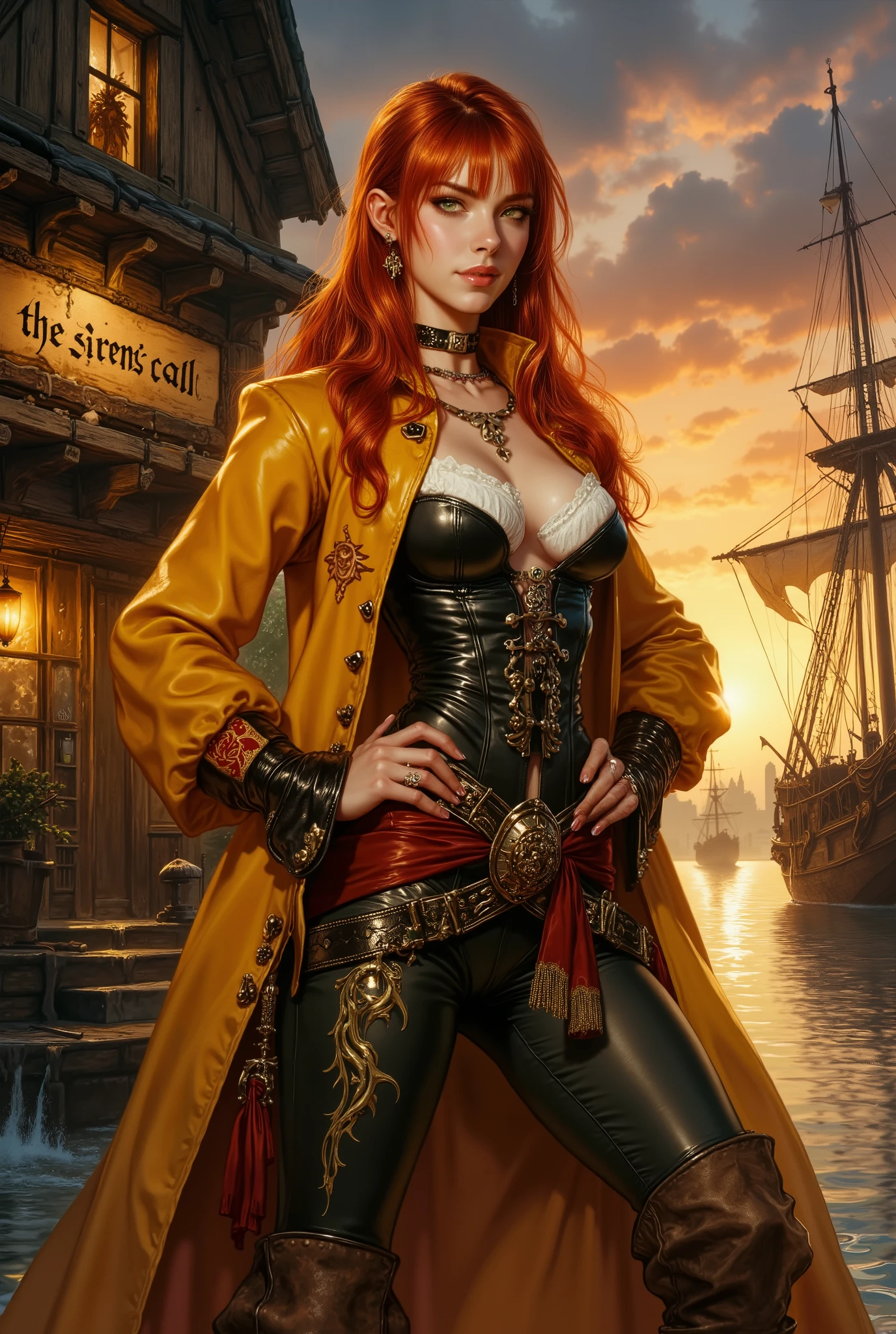 Epic character portrait, masterpiece, 8K resolution, hyper-detailed, sharp focus, cinematic fantasy concept art.
A breathtakingly beautiful, statuesque female pirate captain stands in a powerful and charismatic pose, hands on her hips, gazing with authority. Her face, a marvel of delicate features and a confident, magnetic smile, is framed by a cascading river of straight, fiery orange hair, catching the golden light of the setting sun. Her wise, emerald-green eyes sparkle with roguish charm.
She is adorned in an exquisite fantasy pirate ensemble, dominated by a vibrant marigold yellow and accented with deep crimson. A supple, black leather corset, embellished with intricate golden filigree, cinches her waist over a fine linen blouse. A dramatic, flowing long coat, open at the front, features elegant flame motifs embroidered in gold and red thread along its hem. Her arms are covered by long, dark leather bracers embossed with kraken symbols. A wide, ornate golden-buckled belt holds a tattered crimson sash and a jeweled dagger. Slim-fitting leather trousers are tucked into weathered, knee-high boots with decorative cuffs.
The setting is a bustling, atmospheric medieval fantasy harbor at dusk. She is positioned before a rustic, timber-framed tavern named 'The Siren's Call,' from which warm lantern light spills out. The air is thick with salty sea spray. In the background, majestic galleons with tattered sails are moored at the docks, their masts silhouetted against a dramatic, cloud-streaked sunset sky.
The art style is a fusion of high-fantasy realism and epic character illustration, reminiscent of Greg Rutkowski and Artgerm. The lighting is dramatic and cinematic, with volumetric god-rays filtering through the misty air and strong rim lighting that outlines her silhouette. Every detail is rendered with incredible intricacy, featuring flawless anatomy and perfectly formed hands.