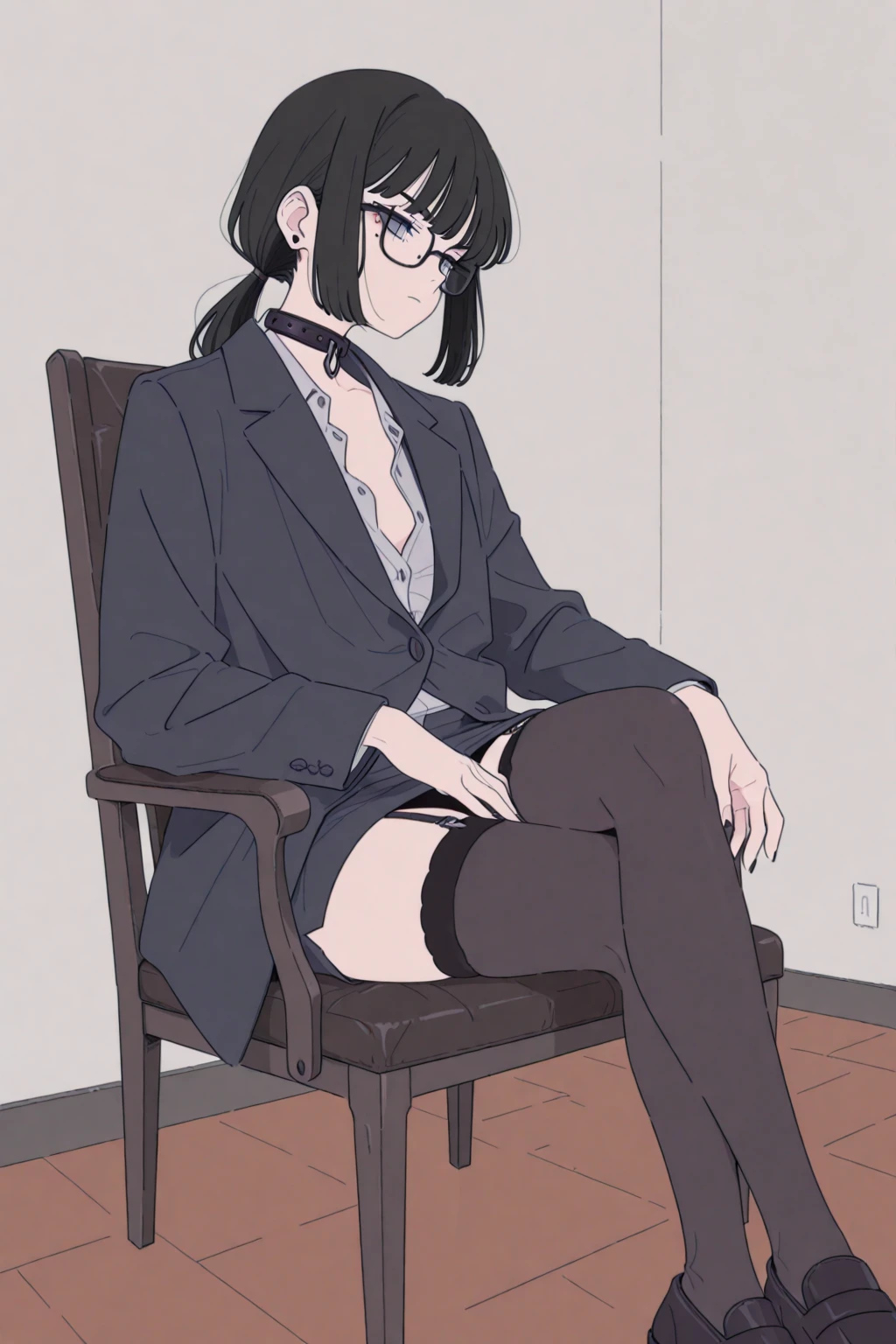 sit on chair,heeled sandals,black short skirt,Black round frame glasses