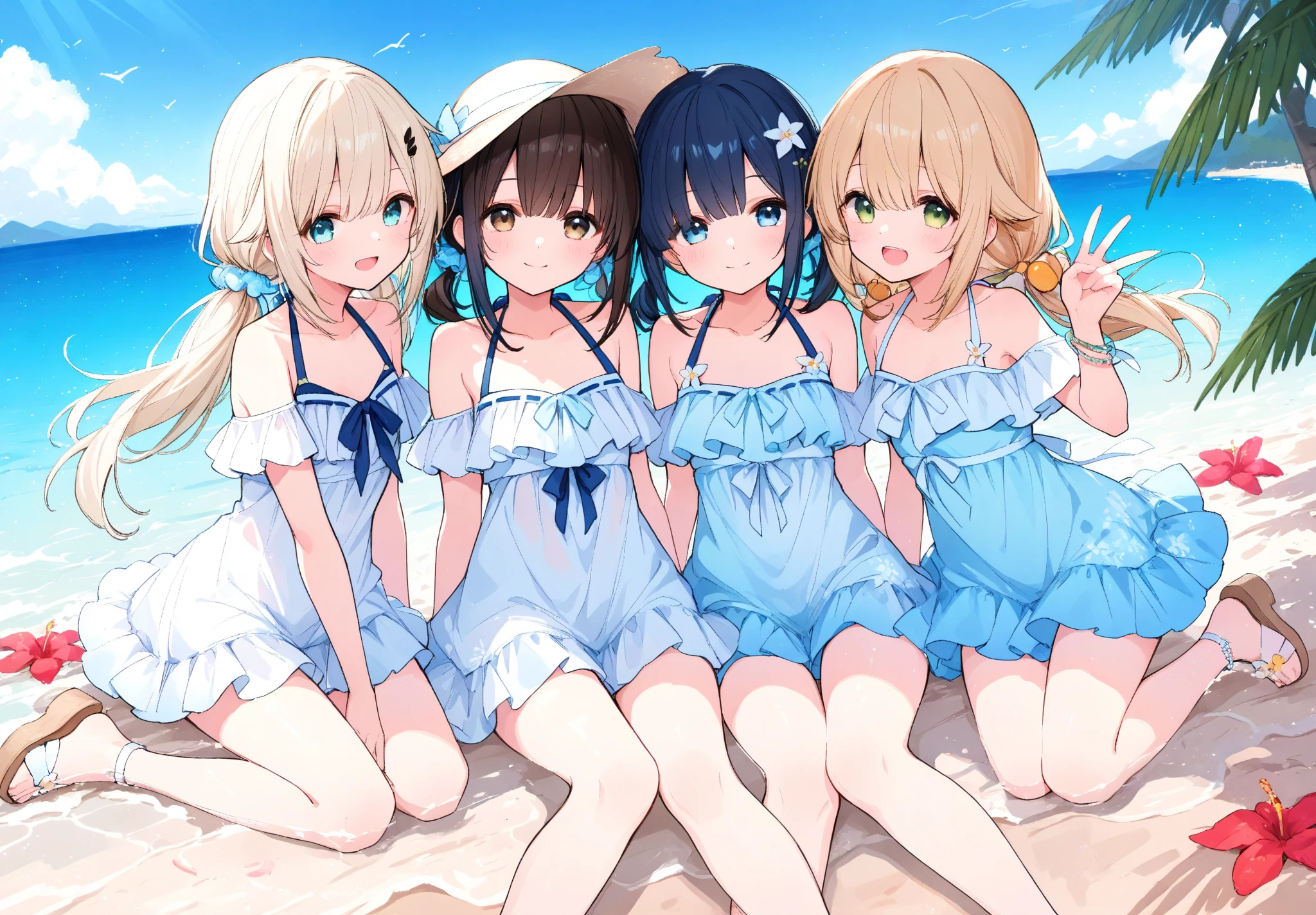 highest quality、High resolution、Detailed Background、(Beautiful face in every detail:1.4)、Anatomically correct、(Hide your fingers:1.3)、(Detailed facial expressions)、(Detailed eyes:1.2)、(Detailed eyes:1.2)、Teenage beauty、(Highly detailed face:1.4)、cute hair color、Bobcut、ponytail、Braided long hair、Wavy Hairstyle、well-groomed eyebrows、Water play spot、Water play slide、Water play event、A neat and cute atmosphere、My whole body gets wet、The swimsuit is shining when wet、Accentuate your cleavage、Laughing playfully、A big smile、Smiling、laughing、smile、
(Three beautiful girls having fun:1.5)、
Ruffled top and high-waisted bikini bottoms、Opt for patterned or brightly colored bikinis、
Pair a strapless bikini top with a wrap skirt、Choose skirts made of patterned or sheer materials、One-piece swimsuit with ruffle and lace details、Bikini with cutout design、Choose intricate designs and different color combinations to create a unique look.、Choose something with a colorful pattern or pop design and pair it with high-waisted bottoms.、cute