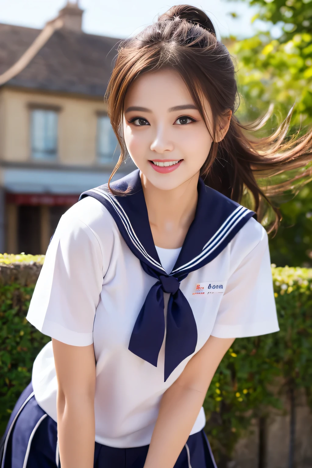 (Realistic lighting、top-quality、8K、masterpiece:1.3)、32k、(1girl in:1.5)、(Composition from the knee up:1.7)、(High school girl in high school sailor suit:2.0)、Summer sailor suit、(((Holding a student bag in front of his waist with both hands:1.8))), ((small tits:1.8))、((skinny body:2.0))、((Ultra Slim Body Beauty:1.4))、(Slim abs:1.1)、((light brown long hair))、(outside of house:1.1)、City Street、Superfine Face、Fine eyes、二重まぶた