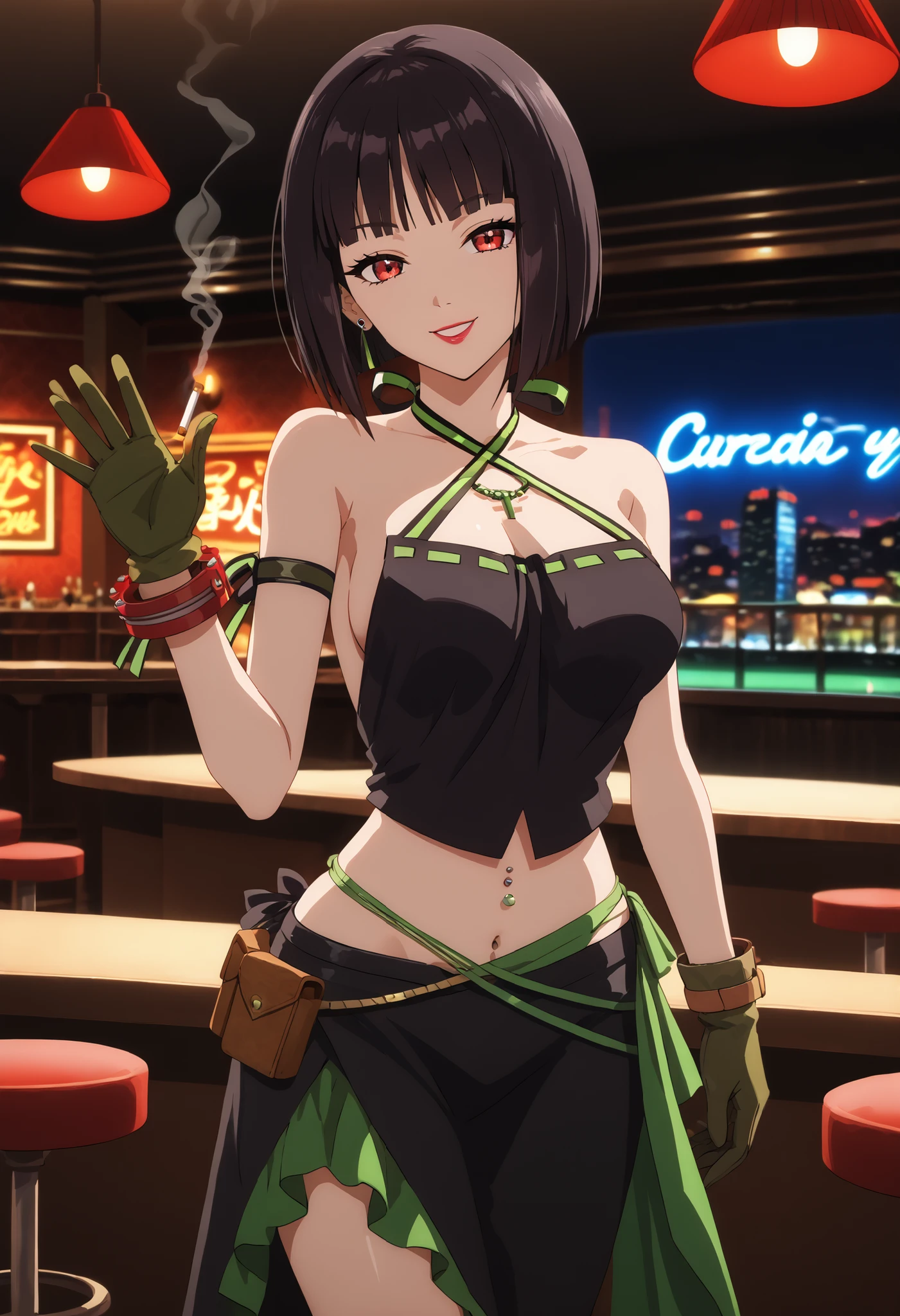 score_9, score_7_up, source_anime, 1girl, thigh up, looking at viewer, waving, smile, stGE, black hair, bob cut, blunt bangs, red eyes, , cleavage, crop top, black shirt,  shoulders, criss-cross halter, arm ribbon, green ribbon, bracelet, green gloves, asymmetrical gloves, midriff, belt, pouch, black skirt, long skirt, frilled skirt, ear piercing, long hair, lipstick,Hot girl, baddie, smoking, bad attitude, mean girl, sensual, attractive, ,cross necklace, bar background, inside bar, indoors, cityscape, casino, nightclub, city lights,,, navel piercing, medium  ,dragon tattoo on waist, narrowed eyes, tattoo on waist, anipai_style , anime screencap , anime coloring