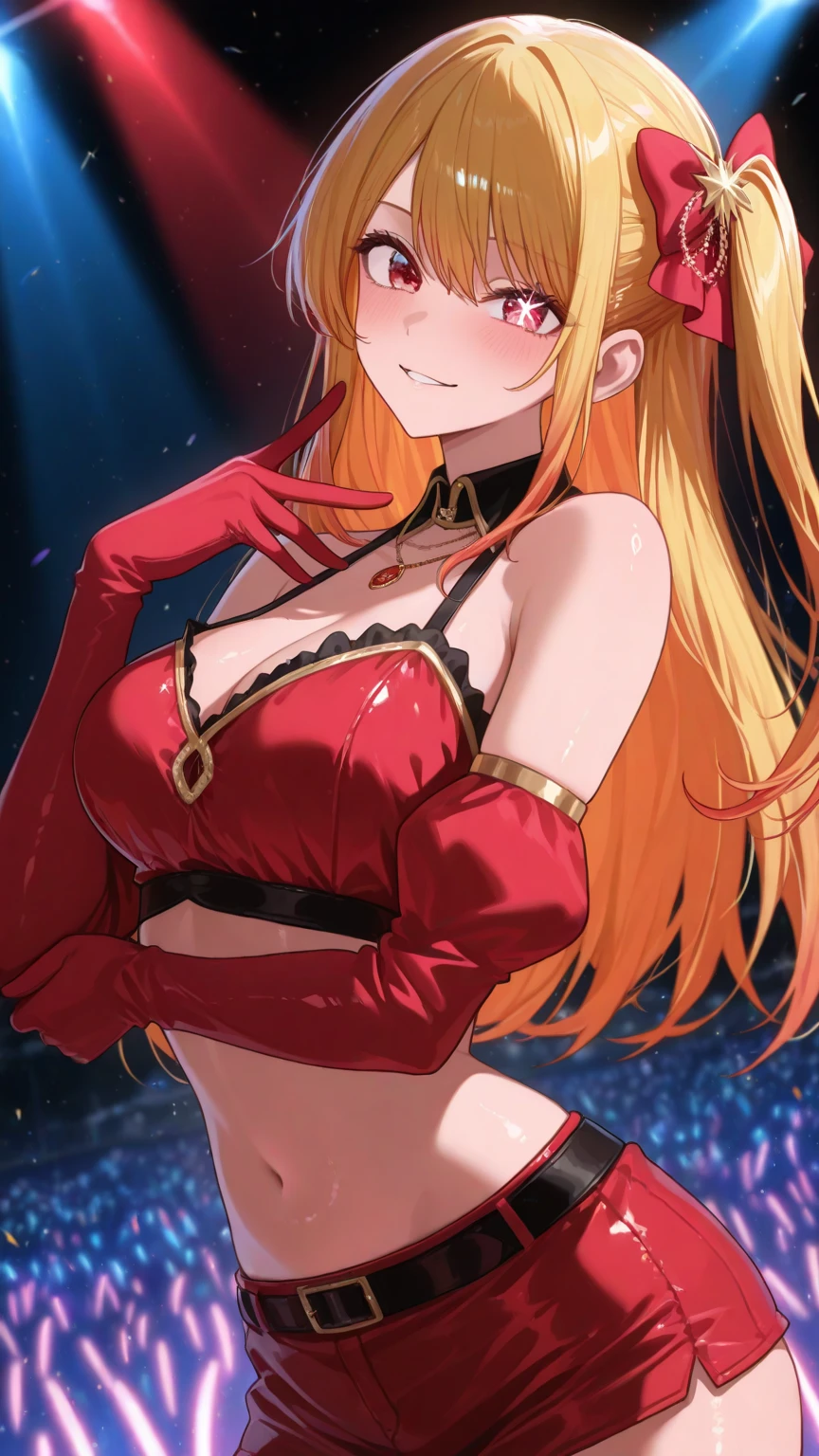 One girl, (alone), Anime girl in dress, Are standing, Micro Dress, Shiny Dress, Elbow hand pockets, belly button, Waist cutout, underwear, mini skirt, Thigh-high socks, O-ring, necklace, bracelet, Golden, jewelry, Cleavage, Detailed face, Face Focus, Beautiful Eyes, Captivating smile, Cowboy Shot, Blonde, Ahegao, looking at the camera