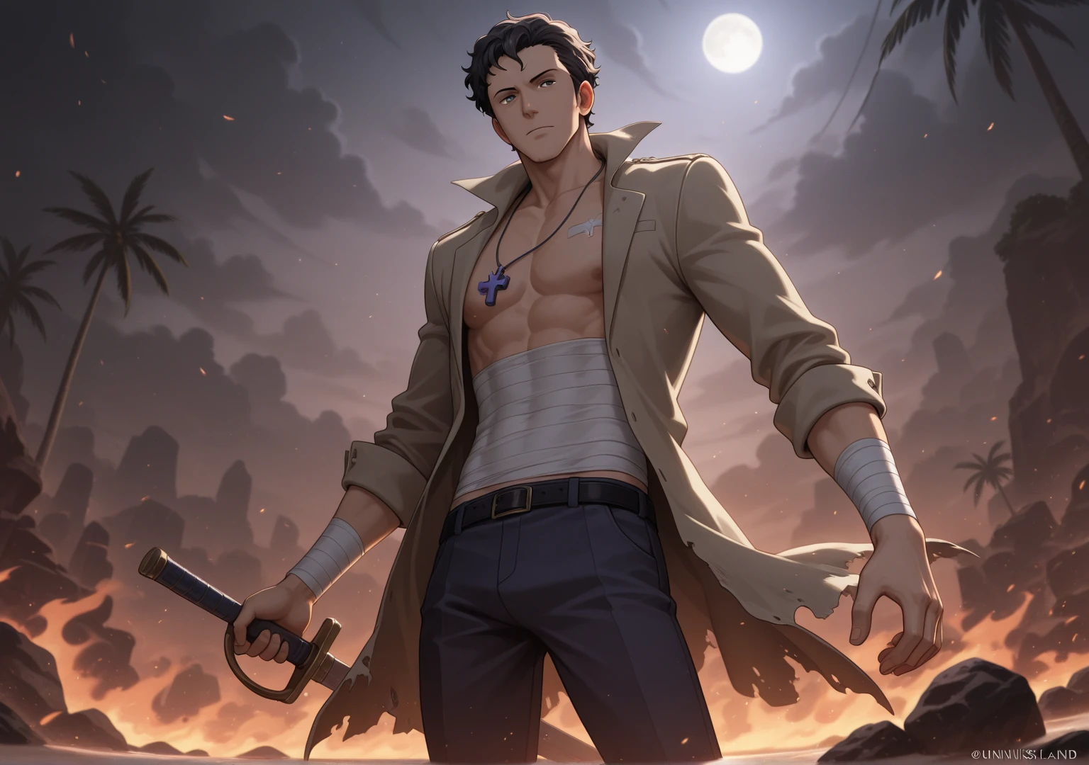 (masterpiece, best quality), intricate details, 1 Boy, Japanese cartoon_exist_Dracule_Mihawk_My grandmother,world wide web.My grandmother.and,1 Boy,have,beard,jewelry,beard,necklace,Abdominal muscles,black hair,Yellow eyes,sash,beard,coat,muscular,trousers,Chest muscles,Open it clothes,cross,Goatee,pirate have,cross necklace,long temple,temple,cape,Open it coat,bare Chest muscles,short hair,Black tiara,period,spiky hair,Masculinity,tone,Fur trim,Beard scum,latin cross,long coat,navel,Jacket,Open it_Jacket,Shirtless men,have_feather,White_trousers,Gentle_Eyebrow,night_(sword) Give advice, frown, angry, concrete pier, ocean, sun,