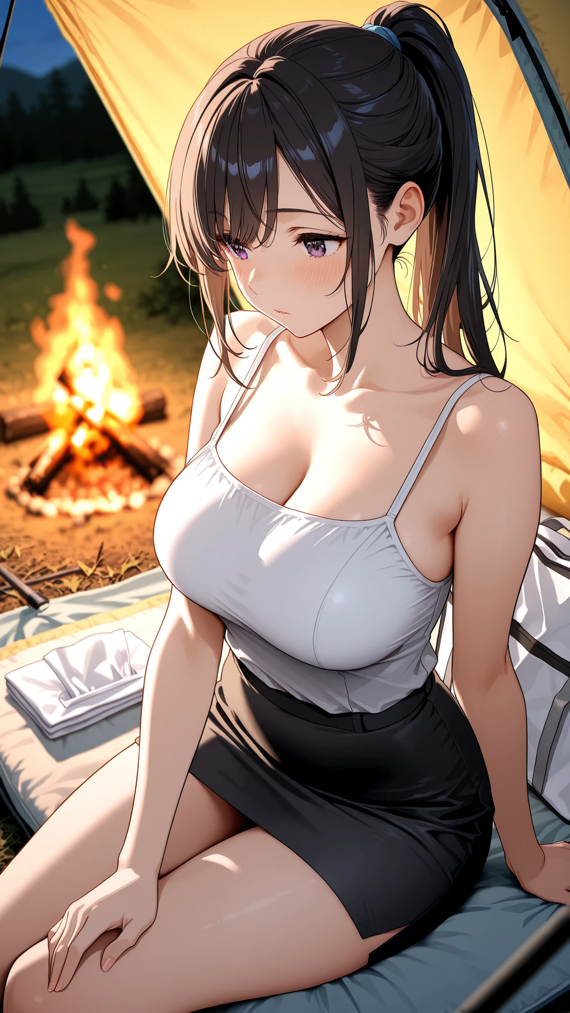 photograph, 1girl, beautifull, elegant, caucasian women, 20yo, large breasts, (covered nipples), cropped sweater, turtleneck, sleeveless, pleated skirt, pleated skirt, skirt lift, open mouth, smile, ahegao, (detailed skin), sweat, tent, outdoor, cooking, elegant, long hair, floating hair, seductive, opulent, highly detailed, found footage, athletic, young girl, (High heel), slight smile, full body, realistic, RAW photo, 8k uhd, dslr, soft lighting, high quality, film grain,