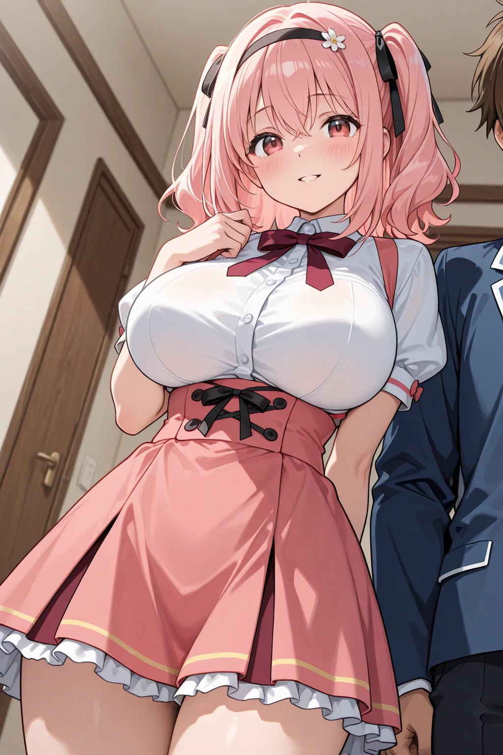 masterpiece (((One man))) One girl (((men and women))) Pink hair Long hair Green eyes Huge breasts (Big nipples) NSFW  (orgasm) (Heart Eyes) ((A man fondles a woman&#39;s breasts from behind)) ((Grabbing breasts)) uniform blazer  ((red lace bra)) (Deep Kiss)