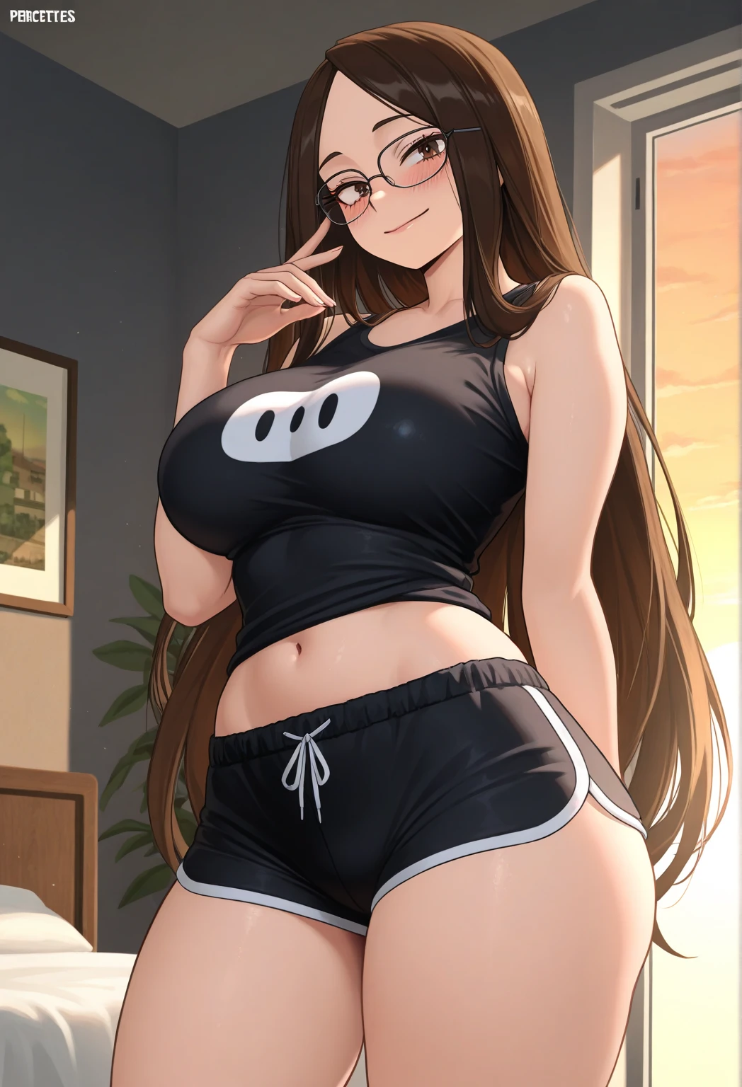 1 Female、Brown hair、Brown Eyes、Best Quality、Super detailed、8 Resolution、Raw photo、Mastepiece、Perfect Body、high resolution、Highest quality、Detailed drawing、Vibrant colors、lure、Long Hair、Black-rimmed glasses、Captivating breasts、Wearing a jersey、Ground