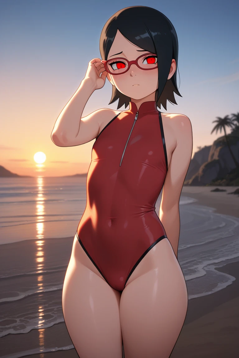 masterpiece, absurdres, 1girl, Model of Calvin Klein Brand. Sarada\(boruto, floating hair, wind. masterpiece, absurdres , (intricate details), (colorful),cinematic lighting,bust shot,extremely detailed CG unity 8k wallpaper 1girl, solo, High Waist Swimsuit, High waist bottom like shorts. Swimming Pool Background. Feet inside water. Peoples are staring at Sarada for being so Attractive looking. athletic Abs detailed, biceps triceps pumped up, body sweat glow, sweat on her body, Slutty Wide hips, Attractive curvy butt. Heart shaped Lips, Painted Lips shine. detailed eyes, blushed, Adorable Facial, looking at viewer, Posing as a Pro Model.