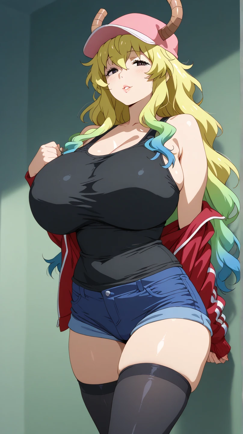 Tsunade senju, 1girl, ((bimbo))), long blond hair, puffy lips, painted lips, thick lips, wide hips, thick thighs, huge ass, bimbo face, muscular stomach abs, shiny skin, enormous huge natural breasts, green jacket, blue jeans, hanging breasts, posing,