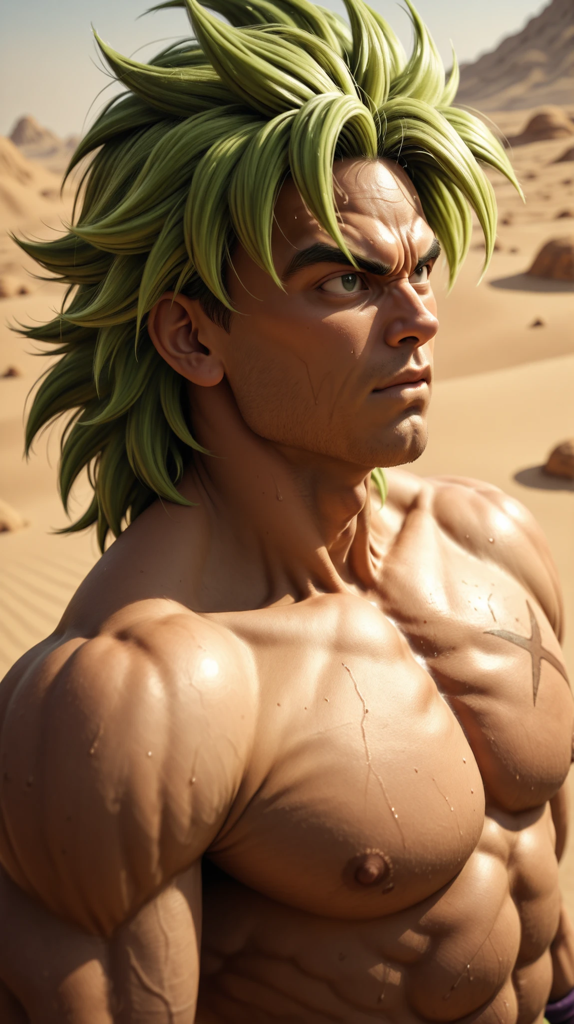Broly from Dragon Ball, His face must be exactly like Broly from Dragon Ball, ultra detailed face, young boy, joven de 17 años, pointed chin, small nose, green hair, white pupils, waist-up close-up portrait, ultra realistic style rendering. His face must be very close to Broly from DBZ, His facial skin displays visible pores, and natural skin texture with sweat and slight dirt. Hair is wild and windswept, each strand defined and realistic with reflections. Muscular shoulders and chest with detailed skin and shadow. Background is a barren desert on an unknown planet, with warm earthy tones and distant dunes. Cinematic 3D style, hyper-detailed, realistic textures, dramatic lighting.