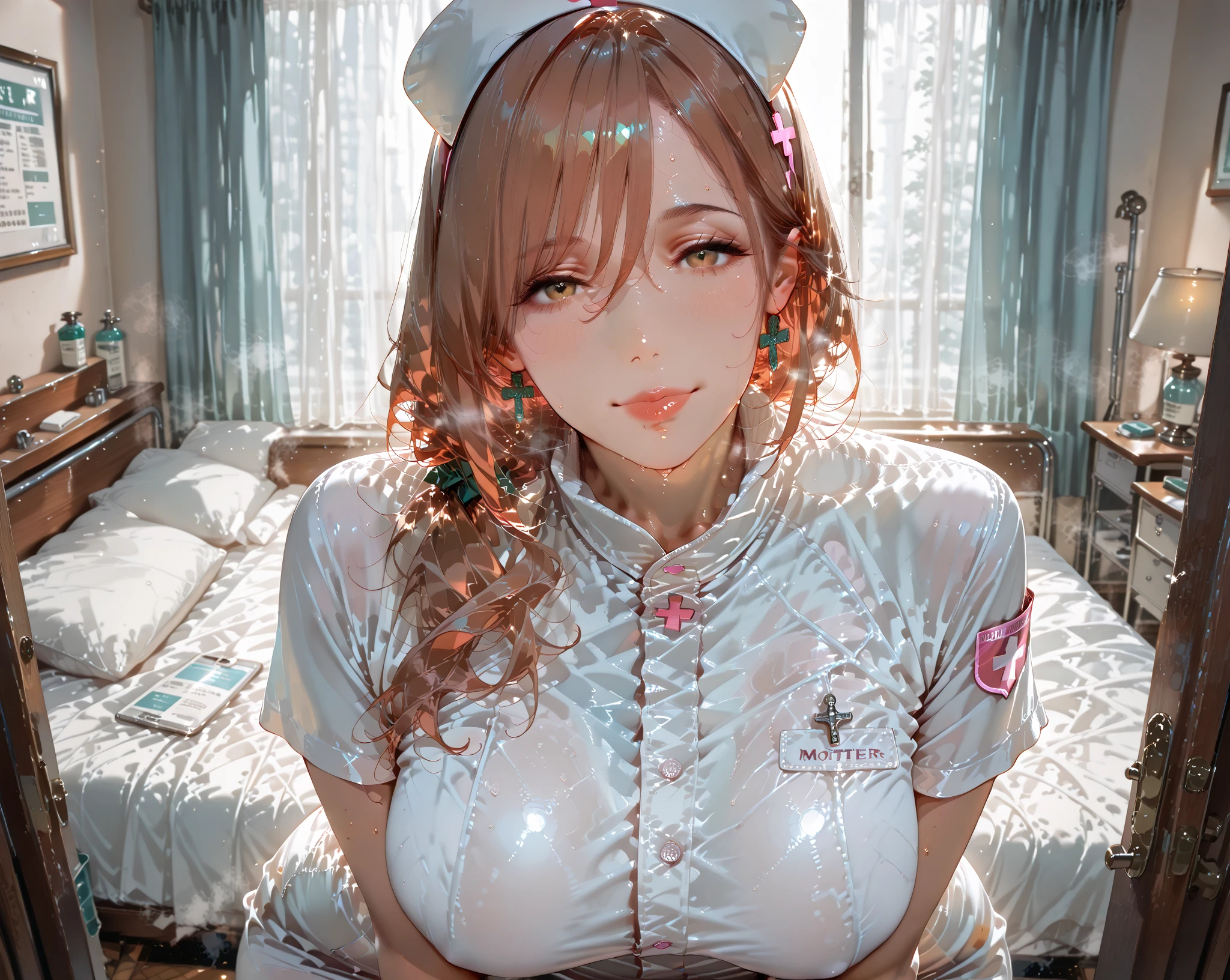 (((Highest quality, Ultra-high resolution、The most complex and detailed depiction)))、((masterpiece:1.3)), (8k, RAW Photos, Best image quality: 1.4), (Very detailedな顔、Attention to detail、Cute woman:1.4),(Realistic:1.4) (8k, RAW Photos,), (photo-Realistic:1.4), Very detailed, Beautiful attention to detail、((Shyly、blush))、(Dark eyeliner、Eyelash length、False eyelashes、double eyelid、Brown eyes),(hostess:1.2),((Pink nurse cap))、(((Pink ruffled bra)))、((Place your right index finger vertically on your lips)),(Huge breasts:1.6)、(Cleavage:1.2)、(((Light brown hair、Braided Hair、((Tie your hair up,Give hair))、Gal-style makeup、((Dark eyeliner、Black eyeliner、Heavy eye makeup、Eyelash length、False eyelashes、Eyelash length))、Slit eyes、Large pupils、elongated nose、Heavy makeup、Face with gills、((Perfect Style))、sexy、(Saggy breasts、Large saggy breasts)、((Sweat、Your body is wet))、(A hospital room at night with the lights out、moon)、Climb onto the bed on all fours