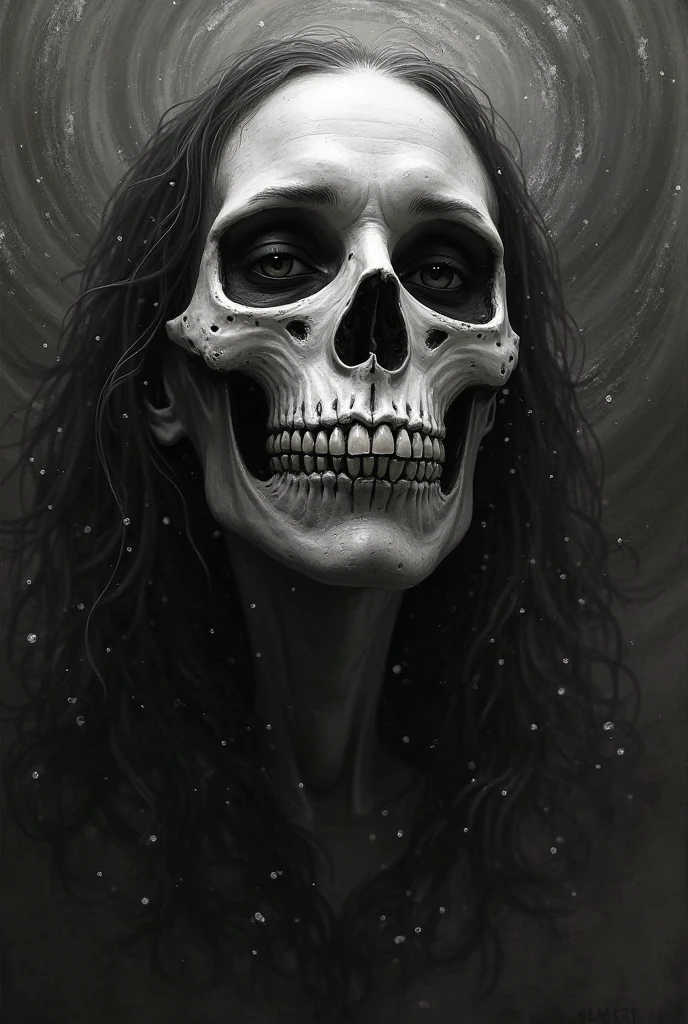 bs, solo, simple background, monochrome, upper body, greyscale, bodysuit, black background, 1other, monster, arms at sides, horror (theme), a girl, her jaw is broken, blooded