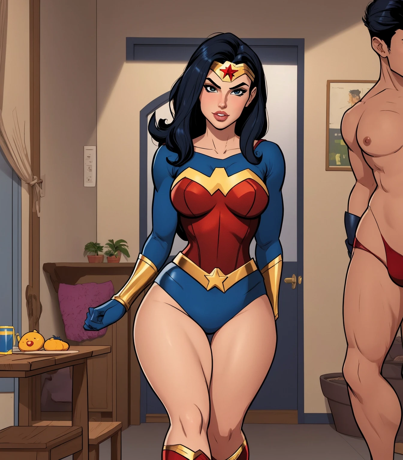 Woman, blonde hair, long length blonde hair, (Batman The Animated Series Art Style) naked, big breasts, thick body, pubic hair, full body, Standing, in a park at night time, Women, (Batman The Animated Series Art Style) 