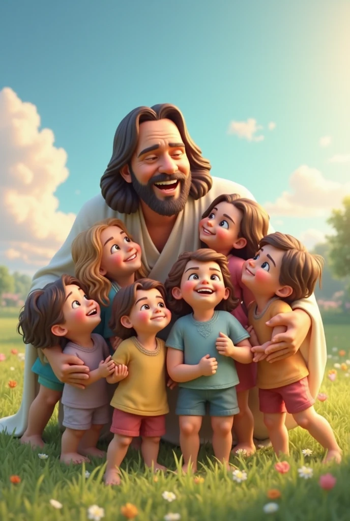 Faces of Jesus, a teacher, a boy and a girl lying in a field very happy realistic image
