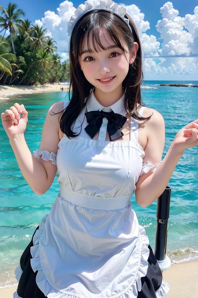 ((masterpiece)), ((highest quality、Ultra high definition)), (Very detailed),8K、Photo quality、((Amazingly cute girl)),( 14-year-old girl), Two people, , (Beautiful emerald blue eyes), ((smile)),In the open-air bath overlooking the sea, Beautifully arranged black hair in twin tails、whole body、Cute lolita maid style swimsuit))、Professional Lighting、(White lace knee-highore detailed and beautiful)、(More details and cutenesore realistic)、(((Just wear light clothing)))、プールではしゃぐ、