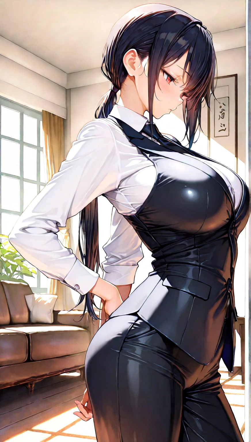 Delicate facial features,Mature girl,Face rosy and shiny micro-makeup,The figure is bumpy, the waist is slim, the G cup, and the chest is oversized(1:2) , Huge buttocks,There is a vest line on the abdomen,Long legs,With stud earrings,Wearing black transparent pantyhose(1:3),Squat at the desk in the office(1:3),Divide and retreat(1:3),The lower floor plan is clearly visible(1:2),You can see a little detail,Hair double ponytail,Cute,High quality skin,The skin is delicately elastic and rosy and radiant,Body details are meticulous,Clear fingers,Ultra-high-definition 8K images,The background other than the subject is blurred with depth of field。