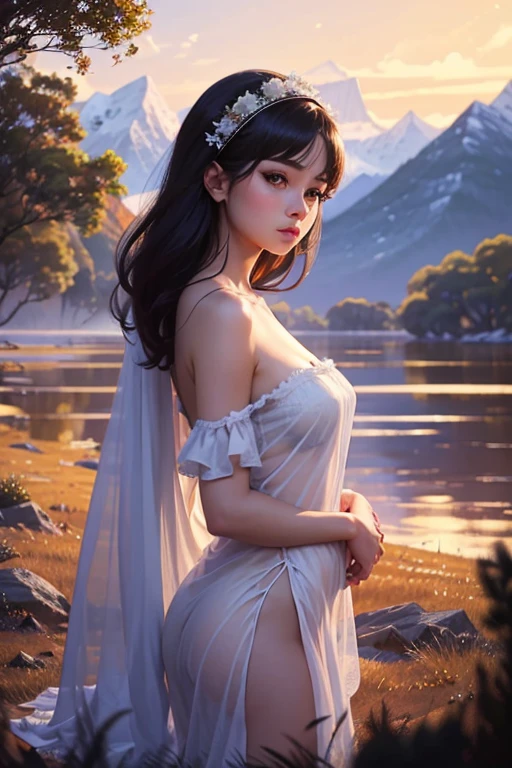 ( 8,000), ( masterpiece), (best quality), (super detailed), ( Award-Winning ), ,cinematic lighting, lens flare, flash, Girl in a dress standing in the woods, (photography), Model photo shoot, Beautiful Girl, (pretty face:0.8), Slim blond girl, fashion photography portrait, fair skin， curly blond hair , Girl，  perfect style  ,   beautiful face ,  anatomically accurate  ,   highly detailed facial and skin texture 、 beautiful eyes, beautiful eyes,  slender eyebrows ,natural blush,Grow skin  ,  White Skin: 1.2, ( Shiny Lips   : 1.4), slim body， slim body， slender hands behind the head， huge breasts，Fluffy， Smile， 精美的Jewelry，长如Fall的头发， Girl，Innocent Expressions， light blush，The hair falls below the waist， pure white dress looms through beautiful nudity, iris emblem, 白玫瑰Hair accessories, (Perfect makeup, transparent snow-white gloves, earrings,  Bracelet,  necklace, Jewelry, Hair accessories, shawl, sock, Knee socks, 吊garter, Foot ring, garter, 腿部garter),  (sexy的,  Perfect breast shape , Teardrop breast shape, 雪白 Chest,  very detailed breasts , 34C cup),  Slim waist (Super high waist, Deep V, Low-cut, sexy, Likeable, Open crotch, (Clear camel toe, (High fork strangulation))), Slim waist ((( clear outline , transparent underwear, 透明sexy的穿着)),金黄的 long hair，雪白的 long hair，in love， black silk stockings，Inclined posture ，Sitting under a tree，Fall， Snow Mountain ，Smile， long hair，white panties sprinkled with gold powder，突出的完美Chest，少女的Smile, two legs，is anatomically correct， seven-part camera, jewelry, Flowering, Big breasts(D), Chest, Vignette, 极为huge breasts，Pinch your chest with one hand，Soft，巨大的Chest突出