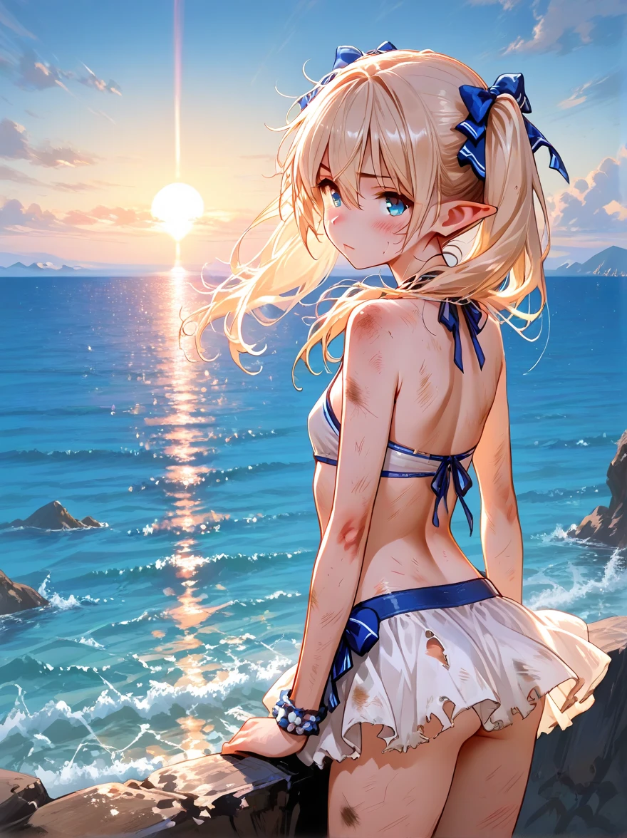 Best Quality, masterpiece, ultra high resolution, (reality: 1.4), Photo original, 1 girl, short shorts,by rubio,hair with ponytail ,sexy,futuristic background,,blue eyes, realist,barefoot, open,at night,nice legs ..smile,camanaces,Gold bracelets,Golden sandals,evening night background,a sailing ship from afar,head on, marked nipples,blue lips,mischievous look..