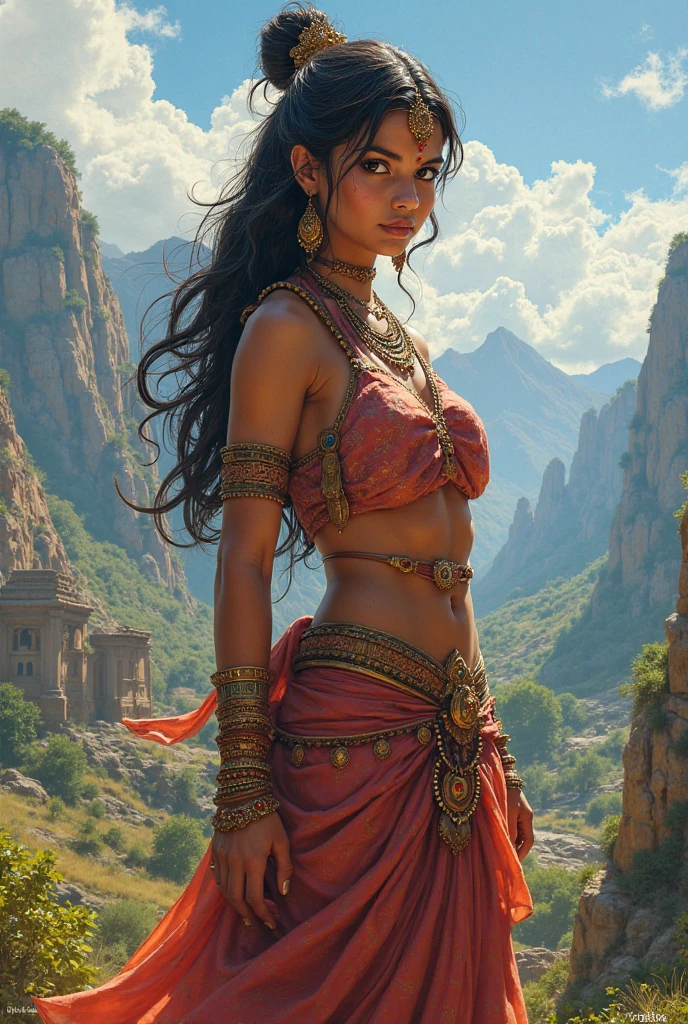 ((Quality: masterpiece, best quality, UHD, anatomically correct, photo realism, textured and detailed skin, skin pores, skin imperfections, textured and detailed hair, volumetric lighting, hyper realistic and detailed background)), whimsical and creative artist woman with a palette of vibrant colors, (((Indian woman, Indian, brown skin))), barbarian warrior on a snowy mountain, leather and fur