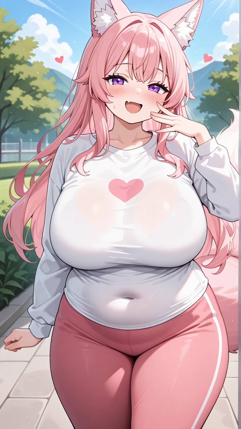 masterpiece, best quality, 1girl, (pink hair, long hair, detailed hair, cat ears, pink eyes:1.3), cute, (horny heart eyes, heavy blushing, excited, extremely horny face:1.1), bedroom, (black hair ribbons, t-shirt, shorts:1.2), (gigantic breasts bigger than body, bursting breasts:1.1)