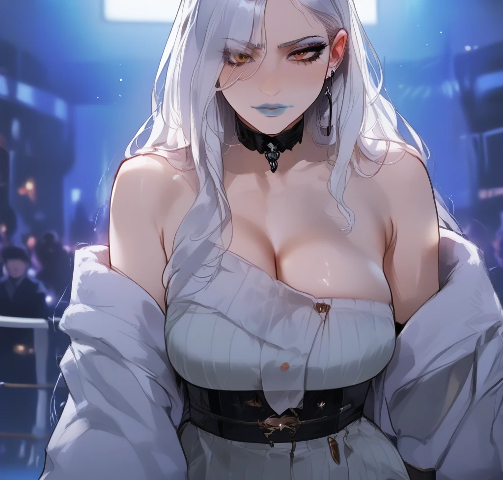 sovetsky_Soyuz, grey hair, long hair, earrings, choker, black shirt, black suit, Black pants, red belt, black gloves, Cleavage, large breasts, first rate breasts, grey eyes, sharp eyes, Long eyelashes, symmetrical eyes, eye shadow, ominous vibe, expressionless, stoic, relaxing, anime, aesthetic, Anime screenshot, Ultra quality, UHD, high detail. Reception, hotel, night time, posing, sofa, sitting