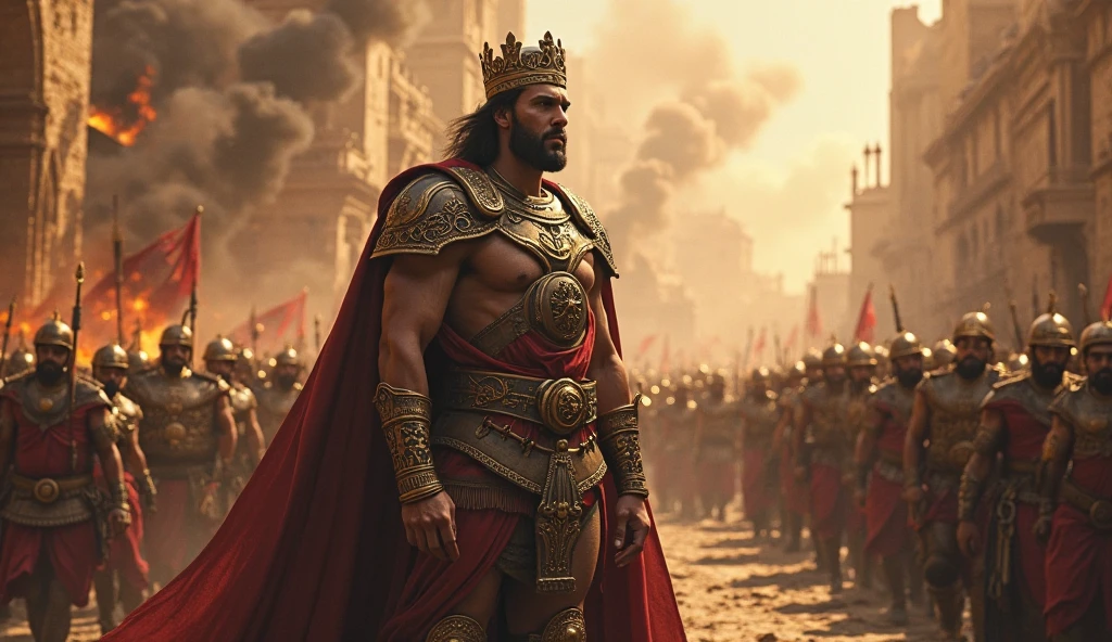there is a man in a crown and armor standing in front of a crowd of people, estilo fantasia 8 k octane render, cinematic 3d render, detailed cinematic render, jason momoa as assyrian, Directed by: Adam Marczyński, Retorno do Rei. cinematographic, cinematic cgsociety, Grande Rei de Stovokor, Reis Cruzados 3
