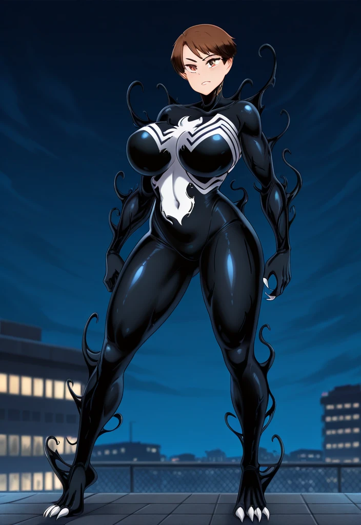 masterpiece,best quality,1girl,long hair,big breasts,standing,seductive,,smirk,very long hair,symbiote