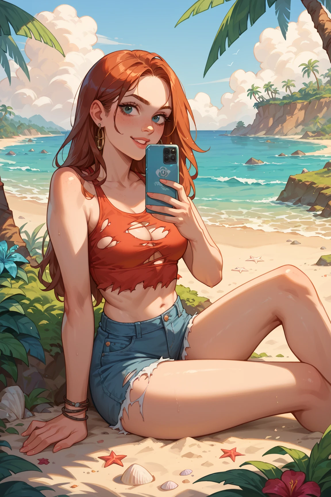 (high-level image quality), (high quality), (high resolution), (detailed), (masterpiece), beautiful woman, ((caucasian)), green eyes, red hair, short hair, dark red lipstick, busty, slender body, Detailed eyes, perfect eyes, Detailed face, portrait, swimsuit, beach, selfie