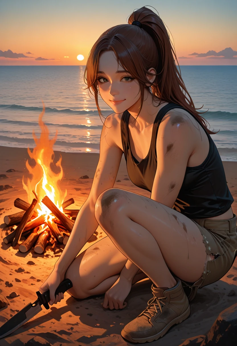 masterpiece,Super Detailed,Uninhabited island,1 girl,parted bangs,high ponytail,chestnut hair,A slight smile,dirty body ,torn clothes,tank top,shorts,Sit with one knee on the ground,bonfire,bonfireで魚を木の串に刺し焼いている,survival knife,I can see the ocean,Sunset,A few birds are flying in the sky,