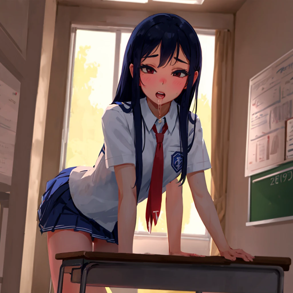 Hyuuga Hinata, teen, , Open white shirt, topless, medium breasts, short black skirt, socks negras, spread legs, fingering pussy, under skirt, black shoes, face of pleasure, perfect body, perfect legs, perfect arms, pose sexy, Classroom, sitting at table, face looking at viewer, noon