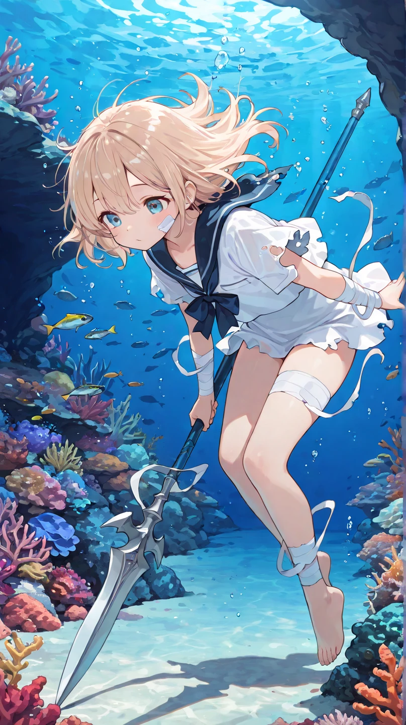 Cute,748cmstyle,underwater,grotto,underwater cave,sandy sea floor,sea floor,reef,(masterpiece:1.2, top quality), (beautiful detailed eyes: 1.2), ((1 Beautiful Girl)),  (beautiful background:1.2), (Highly Detailed CG, Super Detailed),(very detailed and beautiful:1.1), (Perfect Details:1.1),A cute barefoot girl in a tattered sailor uniform with holes and torn sleeves, with tattered bandages wrapped around her arms and legs, and a bandage on her cheek, is underwater in the sea. She is holding a simple spear, aiming at swimming fish.
