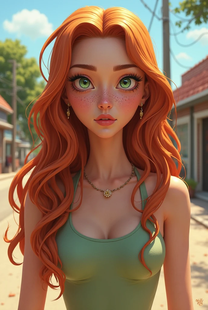 Girl with long wavy apple colored hair, yellow dress with little flowers, jean jacket, Italian background, white sneakers, with freckles, thick lips, white teeth, with dimples in her cheeks, honey green eyes