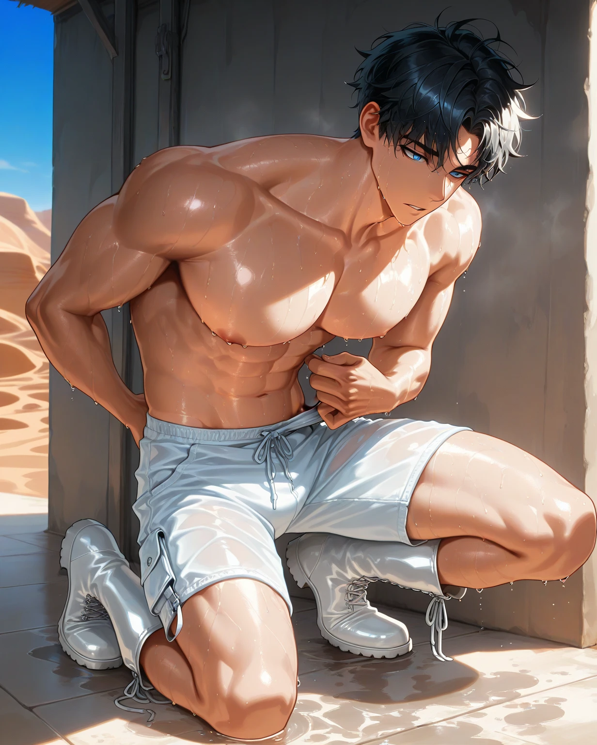 high quality, detailed, (16 years old japanese idol boy), (detailed black eyes), (black short hair), (abs:1.5), (shiny skin), (bulge:1.2),(detailed areola), yard, Morning glory,
