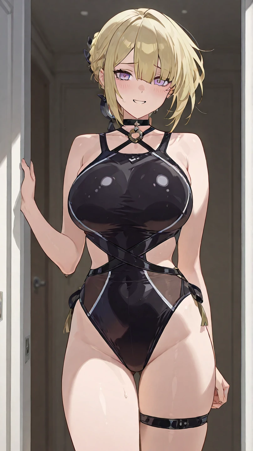 highest quality, High resolution, whole body,AND18, 1 girl, android 18, alone, golden hair, blue eyes, short hair,earrings,big breasts, frown,crying face,tears,embarrassing,blush,wide open mouth,Sweat,1 girl, black leotard, black high leg cut,