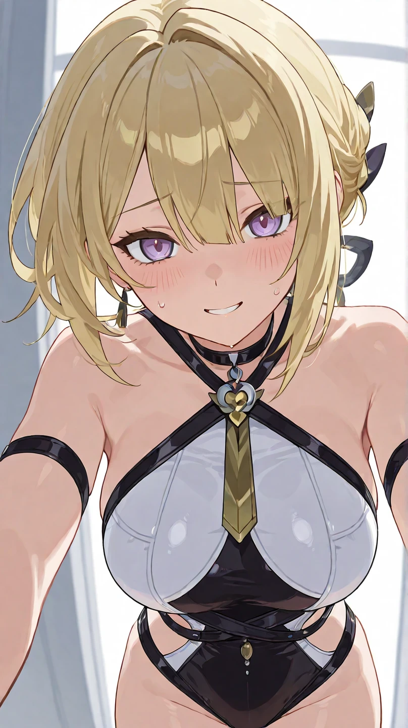 (masterpiece, top quality, very aesthetic, 4k、illustration), ()、intricate detail, 1woman,solo,contrapposto 、(gradient eyes、tareme)、grin、very short hair、parted bangs,Fair skin,(upper body)、beautiful women、cupping hands、(micro bikini armor),Erotic face、(gradient hair)、(braid light brown hair)、sidelock ,,purple eyes、Warrior、bikini armor、medium breasts、slender 、Cape