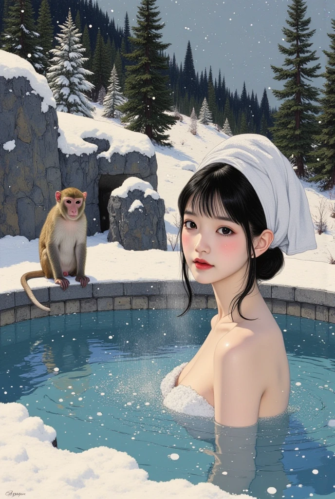 Best Quality、masutepiece、超A high resolution、(Photorealistic:1.4)、(Underwater face:1.2)、(Bathing with snow monkeys:1.2)、Rock bath in winter、(Snowy landscape:1.2)、(Thin eyebrows:0.2)、(thin lipss:0.8)、(small nose:0.8)、Appearance without makeup、japanes、adult lady、top knot、Colorful yukata、(collars:1.2)、Kimono、Floating in water、Smile、Big breasts、wide Shots、ulzzang -6500-v1.1