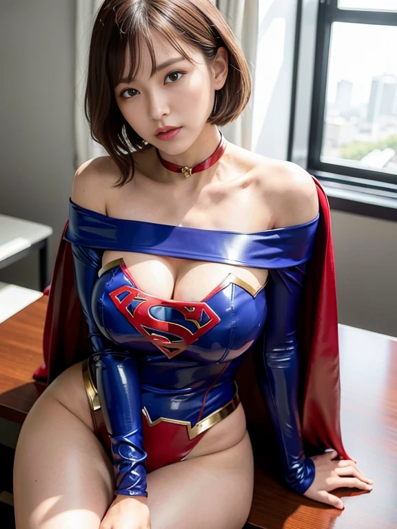 masterpiece、Rubber Supergirl Costume、Short Hair、Hospital operating table、Crisis situation、Big and ample breasts、looking at the camera、Shiny、Off the shoulder、choker、Long sleeve、exy poses to seduce、Sweaty skin、Model Body Type、Alluring、charm、Enchanting、Abused、test subject、victim、Wild、Photorealistic、latex、Expose your belly、athlete、Racing Bloomers、Photo magazine cover、Red cloak、Beautiful thighs、wallpaper for pc、