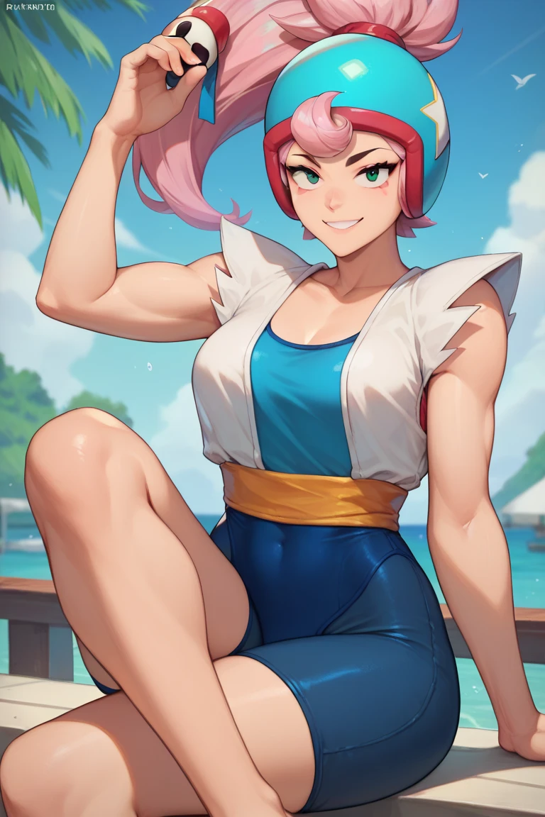 Sexy girl, lean, thick thighs, biceps, ripped abs, jetpack on back, red crop top, blue sleeves, white jacket, big breasts, wearing blue shorts, blushing, gold belt, huge hips, sexy body, lots of freckles, tan, sexy face, hot face , beautiful face, looking to left, wearing straps on shorts, sweaty abs, sexy figure, people in background, adult, sexy, huge hips , wearing long blue boots, at beach, standing , sexy body , wearing many neckless, hand on hip, wide body, wearing 2 gloves , pink hair, perfect arms, brown eyes, looking to side, very sweaty, sweating so much, embarrassed, sand on ground, shy, sexy, at beach, abs bursting out, hand on hip, tanned, 6 pack abs, 1 girl, biceps, brown eyes, perfect abs