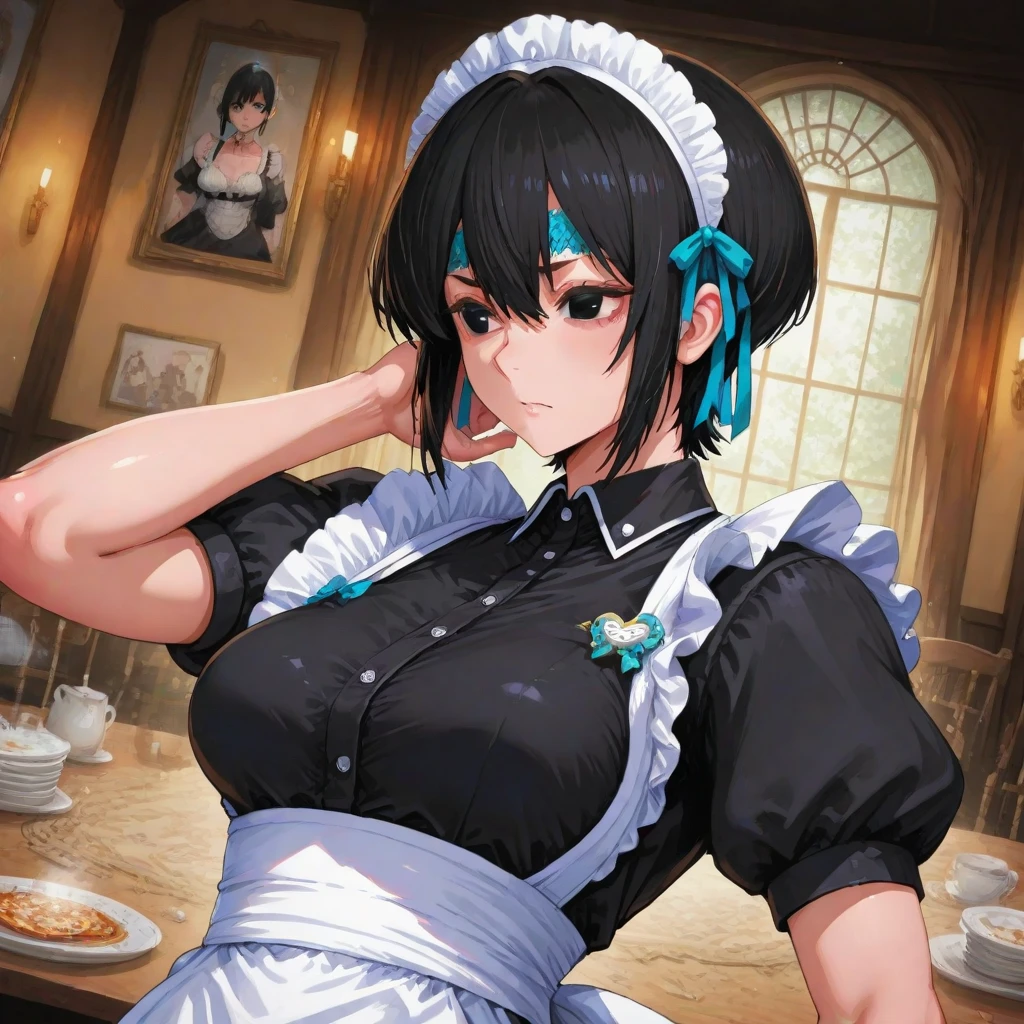 ((masterpiece,best quality)), 1girl, wearing mask, maid bikini, working, maid cafe, apron, indoors, serving food, counter, cheerful expression, cute, elegant, vibrant colors