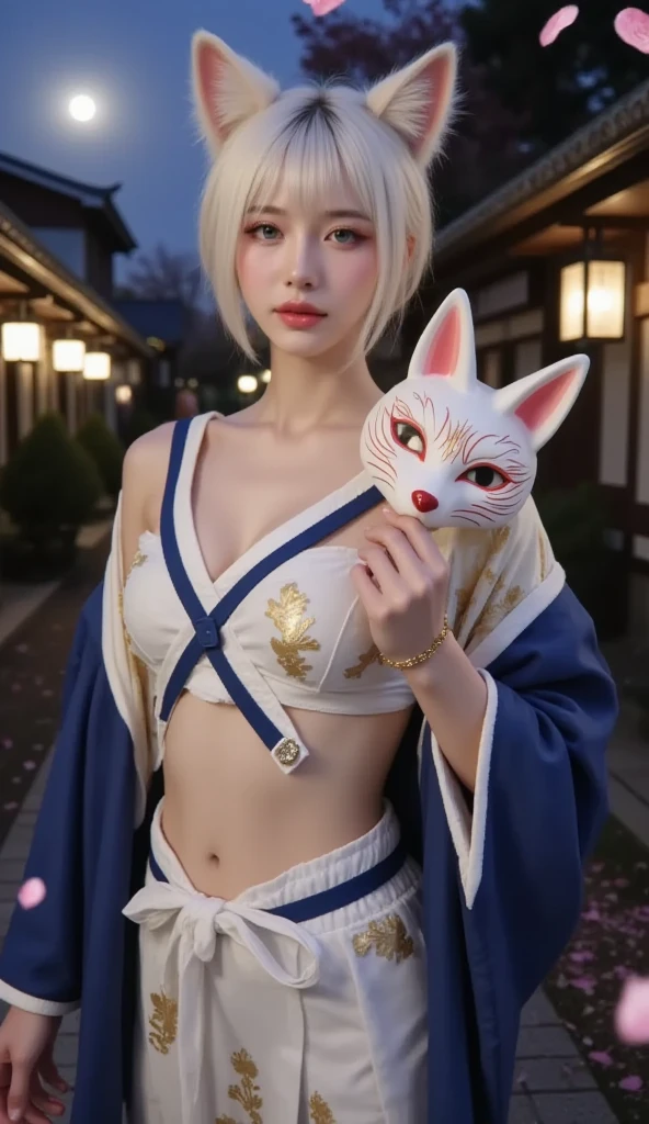 8k resolution, best masterpiece, beautiful and cute looking girl, cat ears, sweet smile, white hair, red eyes, wearing a floral kimono, medium chest, shy face, hands pointing forward,