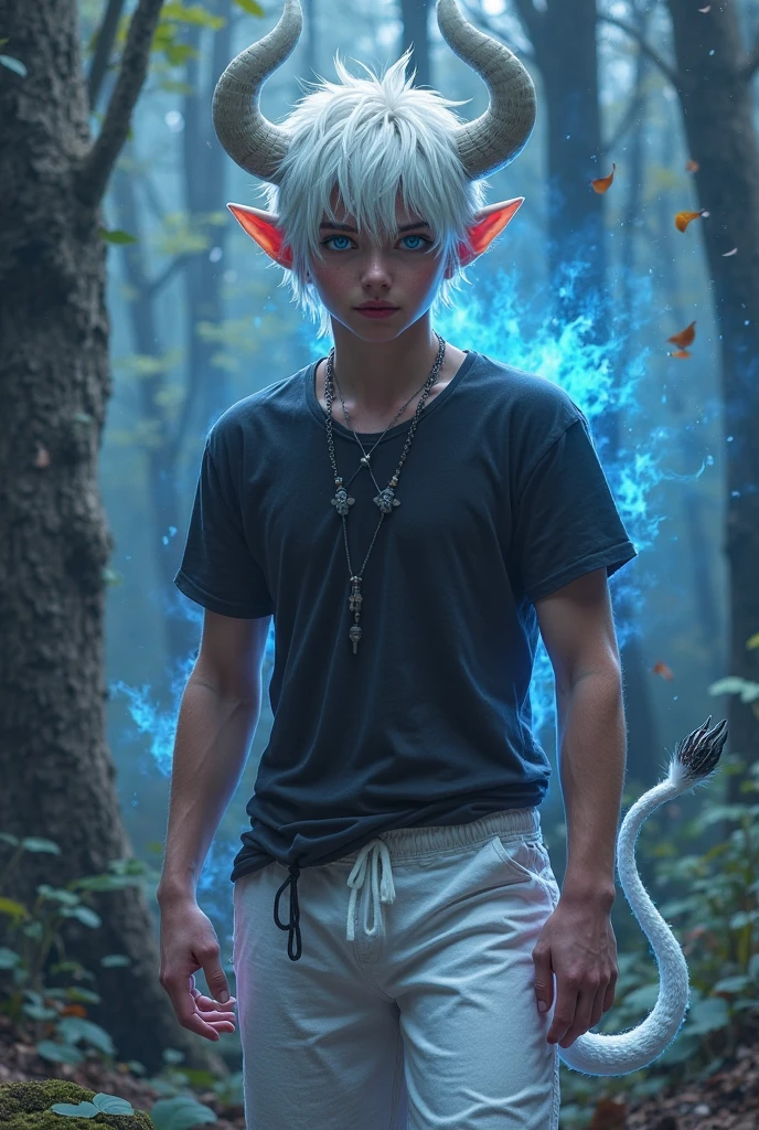 a boy with a black and purple snake
tail and white eyes and white hair