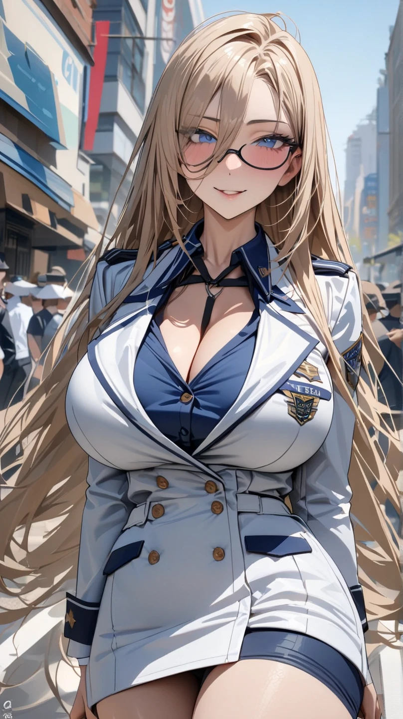 (((Skin exposed through uniform)))、Nipples protruding from the bra、panties on、((((feel shy))))、((a blond))、beautiful Girl、Large beautiful breasts、cleavage of the breast、A slender、オマンコ、(((((Seduction while being shy)))))、((Inside the bustling city))、((smil))