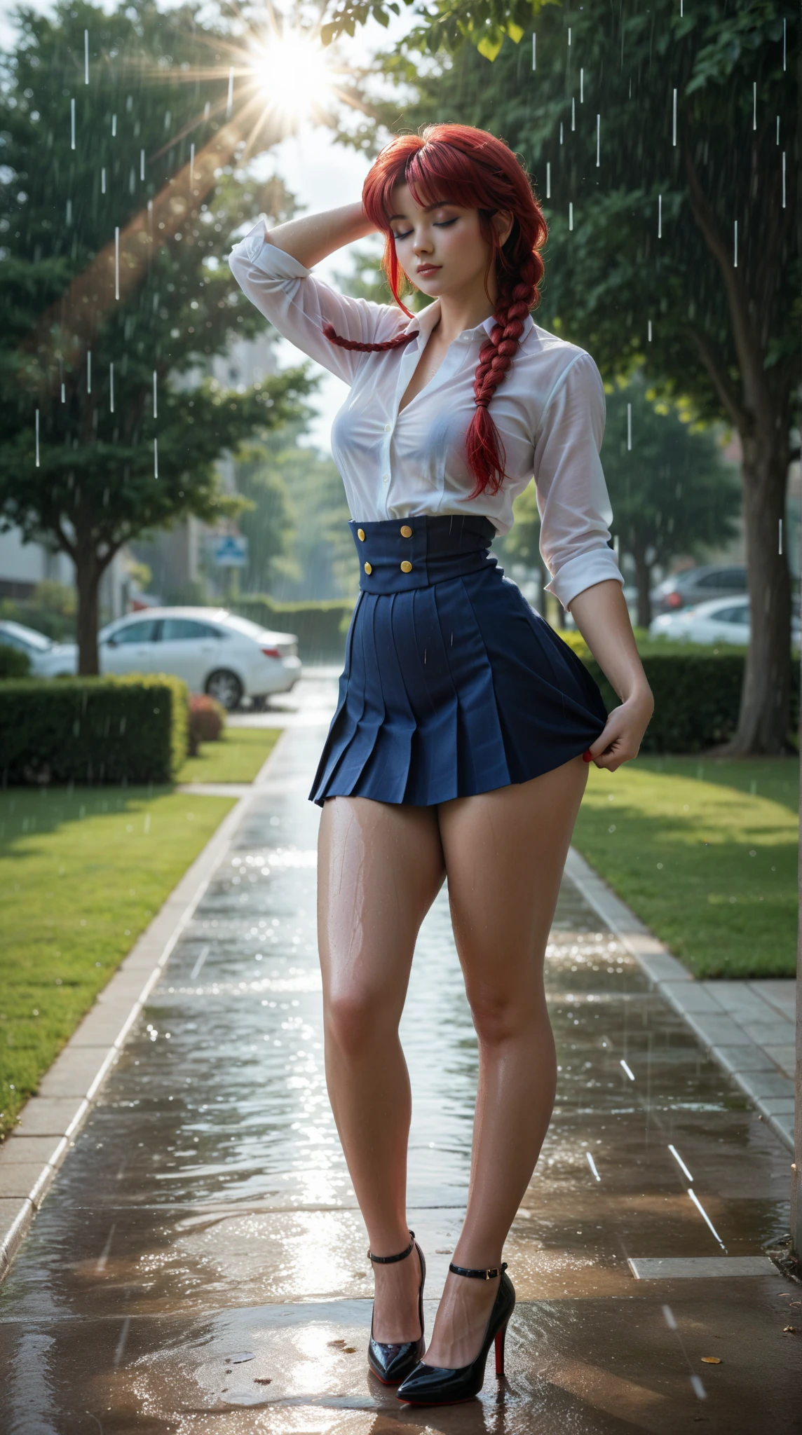 by rubio, small breasts, wink, blue sky, eyeshadow, eyeliner, lipstick, red miniskirt, happiness, rainy, Horse tail, ribbon, negro, high heels, Boots, anime
