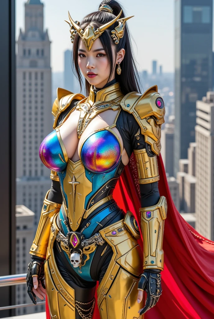 Dark Cyberpunk City、Red cloak、Wear a white and gold metallic bodysuit、25 year old beautiful woman, Very long hair, Black hair, small tits、masutepiece, Hyper realistic, 8K, Bokeh, beautiful smiling face