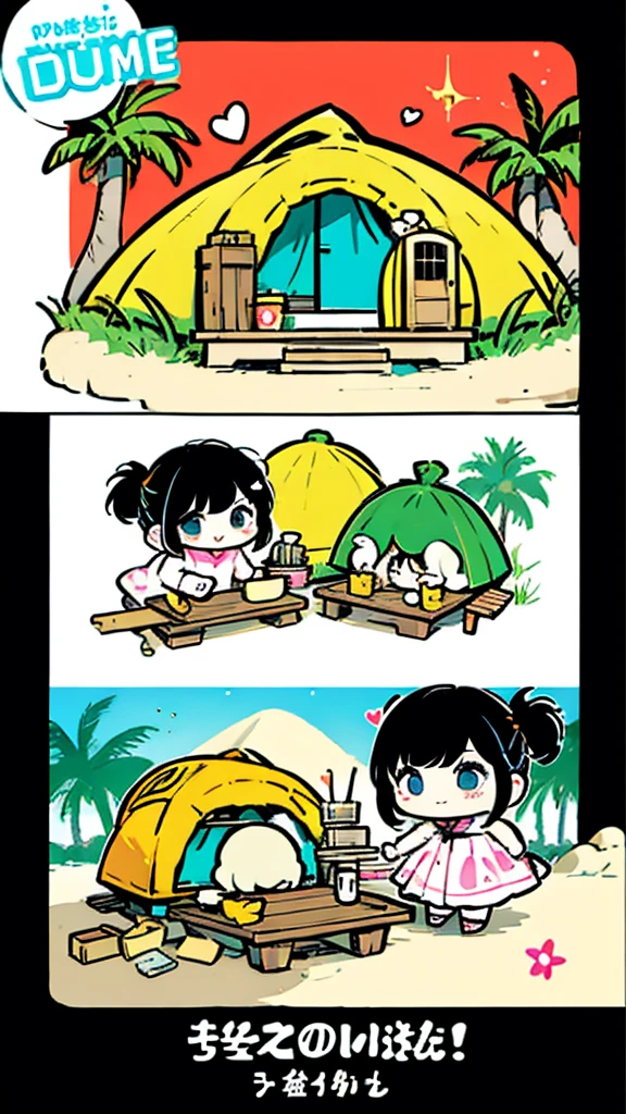 A kotatsu in the middle of the desert、Four girls undressing at the kotatsu、A girl in pretty pink underwear、Girl undressing